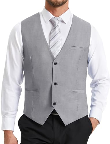 HISDERN Chaleco Traje Hombre Gris Claro Formal Elegante Chalecos de Vestir para Hombre Boda Fiesta Negocio Clásico Color Liso con Bolsillo M