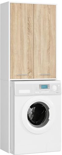 AKORD | Armadio Pensile per Lavatrice FIN 180 | Armadio di trasformazione con 2 Ante, 4 Ripiani | Archivio per bagno | Cassettiera per lavatrice | 64x180x30 cm | Bianco + Rovere Sonoma Frontale