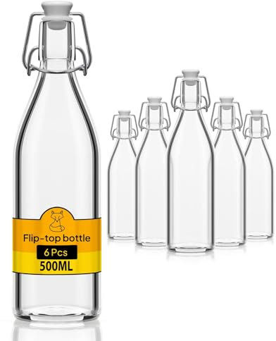 Flaschen-Fuchs Juego de 6 botellas de vidrio de 500 ml con cierre hermético - Botella para aceite, vino, licores, agua, cerveza, jugos de fruta, conservas y leche - Botellitas de vidrio pequeñas