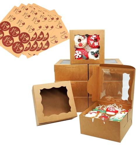xutong 50 Piezas Caja de Papel Kraft Marrón para Pastelería, 10,2 cmx 10,2 cm x 6,7 cm, Caja Carton con Ventana Transparente Cajas de Cupcakes Cajas para Galletas, Magdalenas, Postres, Pasteles