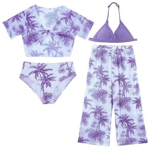 FEOYA Flicka 4 delar baddräkt set barn bikini simkläder tankini badkläder bikini topp + triangel anti-UV kortärmad + långa strandbyxor strand 8–12 år, Färg: blå, 10 �r