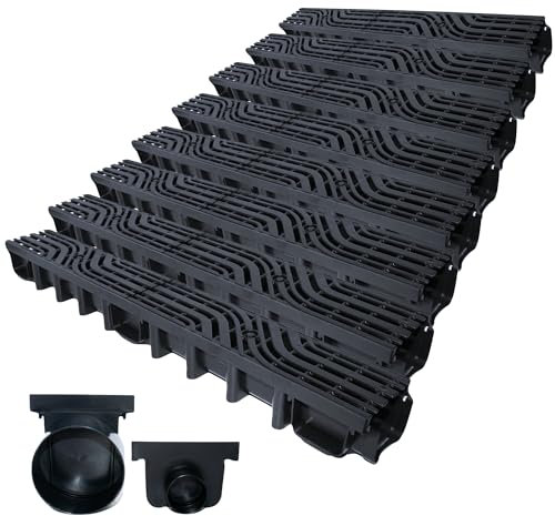 Entwässerungsrinne Belastungsklasse C250 25 Tonnen, 63mm/98mm/148mm Gußrost komplett SET Wellenmuster (8m 98mm + 2 Stirnwände)