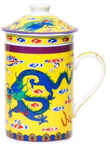 Keramik Teetasse mit Deckel + Sieb für Losen Tee mit Asiatischem Motiv (Blauer Drache, 495) Japanische Chinesische Tasse Für Teeliebhaber, Porzellan Kaffee Geschenk Set Asien Asia Becher Haferl