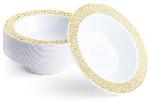MATANA 60 Weiße Plastikschalen mit Goldrand, Suppenteller, Suppenschalen (360ml) - Suppenschüssel für Hochzeiten, Geburtstage, Taufen, Weihnachten, Partys - Mehrweg & Stabil