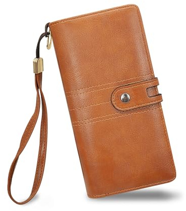 FuninCrea Women Wallets Large Capacity Ladies Purse with Removable Wrist Strap and ID Window, Womens Purse Card Wallet PU Leather Long Ladies Wallet with 12 Card Slots and 2 Compartments (Brown)