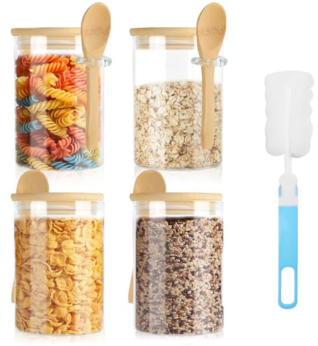 PRZRAO 4 Pièces Bocaux en Verre, 550ML Pot à Epices en Verre avec Cuillere, Bocaux Epices avec Cuillère, Pots De Céréales Hermétique, Pot Verre Hermetique Pour Grains De Café, Sucre, Herbes Et Épices