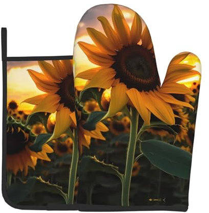 YYHHAOFA Set di guanti da forno e presine con stampa di girasole: spessi e durevoli, antiscottatura e termoisolanti