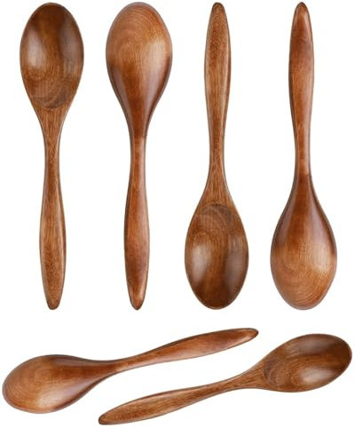 KGDUYC 6 Stück Kleine Holzlöffel - Teelöffel aus Holz Handgefertigte Servierlöffel Mini-Esslöffel zum Kochen von Gewürzen Honiglöffeln für Heiße Schokolade Honig Kaffee Tee Küchenzubehör(Hellbraun)