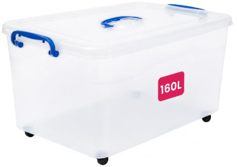STL 160L Storage Boxes with Lids And 4 Wheels, Clip-Lock Lid, Stackable Clear Plastic Storage Containers With Lid For Home, Kitchen, Moving, Garage & Office