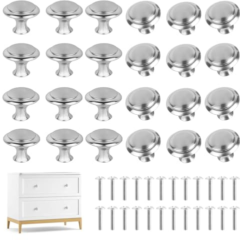 TDUNSYA 24 Stück Silber Möbelknöpfe, Edelstahl Schubladenknöpfe, Kommodenknöpfe mit Schrauben, Runde Kabinett Knöpfe, Silber Edelstahl Runde Griffe für Kleiderschrank, Kommoden, Schubladen
