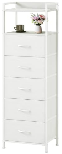 Somdot Tall Dresser for Bedroom, 5 Drawers Nightstand Vertical Storage Tower Unit, Night Stand Furniture with Fabric Drawer Organizer in Bedside Hallway, Entryway, Kids Room, Closet, White Leather