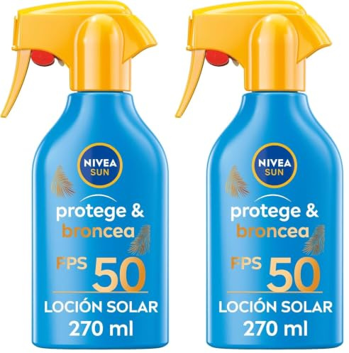NIVEA SUN Protege & Broncea Spray Solar FP50 (1 x 270 ml), activador del bronceado, crema bronceadora, protección solar, protector solar hidratante resistente al agua, pistola (Paquete de 2)