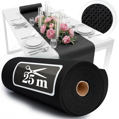 Fleece bordslöpare svart [30 cm x 25 m] – engångsbordsband som ädel bordslöpare bordsdekoration för bröllop, nattvard, dop, födelsedag, jul och ölbordsfester