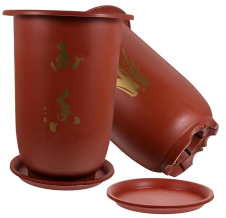 BESTonZON Vasi per Piante da Interno 2 Pezzi in Resina Rossa con Fori di Drenaggio e Sottovaso, per Orchidee e Piante Aromatiche su Balconi e Spazi Esterni
