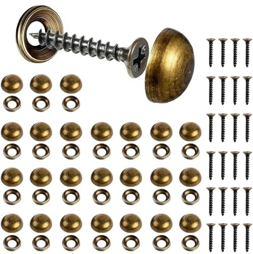 24 Pack Antique Brass Decorative Screw Caps Set | Self-Tapping Wood Screws with Brass Covers & Buffer Washers for Furniture, Cabinets, Mirror Fitting & DIY Home Improvements