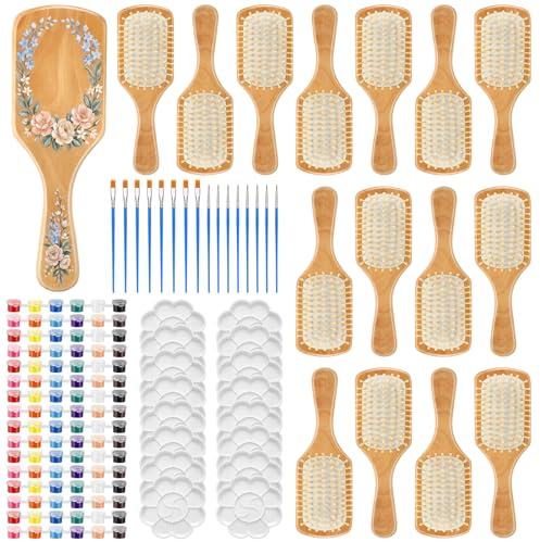 Meanplan 16 Set DIY Holz Haarbürste Malerei Kits Machen Sie Ihre eigenen Haarbürste Handbemalte Haarbürste Nacht Party Supplies mit Pinsel und Palette für DIY Geschenk Party Handwerk (Quadratisch)