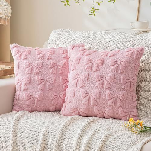 La Desire Kissenbezüge 2er Set 45x45cm, Rosa Schleifenmuster Plüsch-Kissenhüllen, Weiches Faux Fell Jacquard, Dekorative Kissenbezüge für Sofa, Schlafzimmer & Wohnzimmer