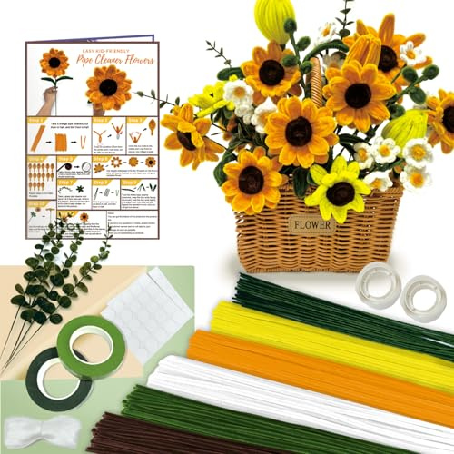 Morcheiong 480 Stück Pfeifenreiniger Gelbe Sonnenblumen Blumen Bastelset für DIY Bastelbedarf- Gelbgrüne Serie