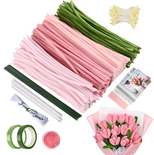 Pfeifenreiniger Blumen Set, 400 Stück 8mm Pfeifenputzer zum Basteln, Pfeifenreiniger zum Basteln，Enthält Stiele, Bänder,Knospen und vieles mehr für Tulpen zum Selbermachen (Blassrosa)