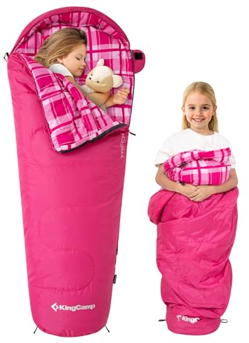 Sacchetto da Campeggio KingCamp per Bambini in Flanella di Cotone, Caldo e Confortevole per Bambini dai 6 ai 10 Anni (Fino a 100-145 cm), Articolo da Campeggio(Quadretti Rosa)