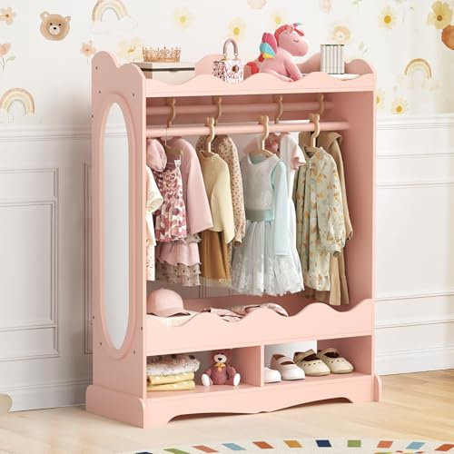 LUE BONA Kinderkleiderschrank, Kindergarderobe mit Spiegel und Kleiderstange, Kinder Kleiderschrank aus Holz mit 3 Haken, Kleiderschrank Kinderzimmer mit Ablage, für Kinderzimmer, 85x108x34 cm, Pink