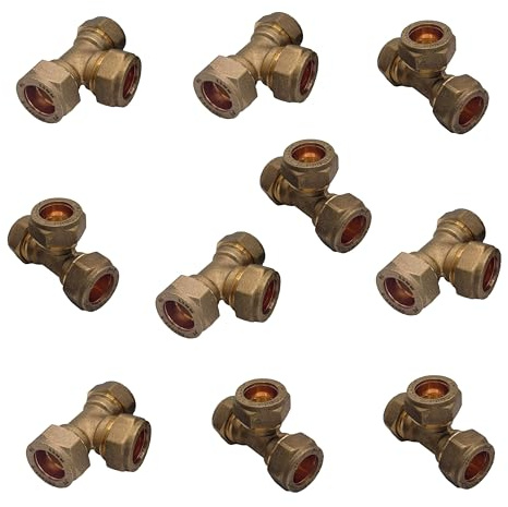 PlumbEZ WRAS Approved 15mm Brass Compression Tee Fittings for Copper & Plastic Pipe – Leak-Proof 3-Way Plumbing Connectors for Hot & Cold Water Systems – No-Solder Multi-Pack Options (10)