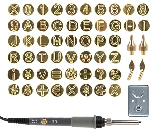 Holzbrennwerkzeug mit Buchstaben, Heißprägewerkzeug, Schnitzset Alphabet Holz 56-teilig Brennset, Symbol und Zahlen Heißstempel Werkzeug, Brennstempel für Holz für Holzbrennen DIY Prägen Schnitzen