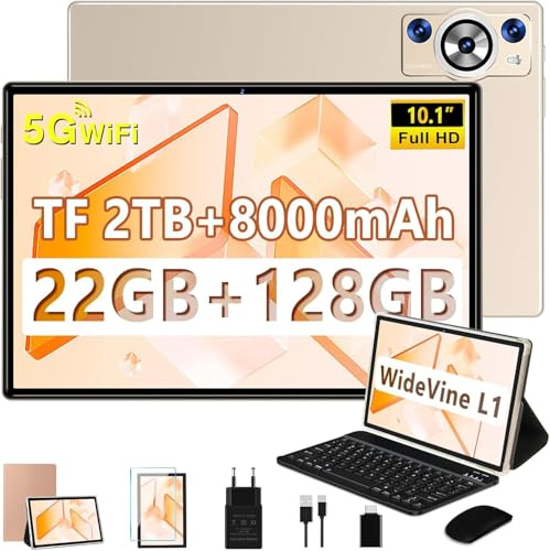 Tablette Android 14 Tablette 10 Pouces , 22GoRAM+128Go ROM (1To TF), Widevine L1|8000mAh| Octa-Core|2.0GHz| 5G WiFi| BT 5.0| 5+8MP| Soutenir Neflix, Tablette Tactile avec Clavier et Souris - Golden