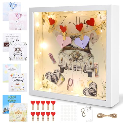 3D Bilderrahmen zum Befüllen, 8 IN 1 Geldgeschenk Personalisiert, Tiefer Rahmen mit Licht, Hochzeitsgeschenk Personalisiert, 3D Objektrahmen für Taufen Hochzeit Reisen Geburtstag,Geldgeschenk Hochzeit