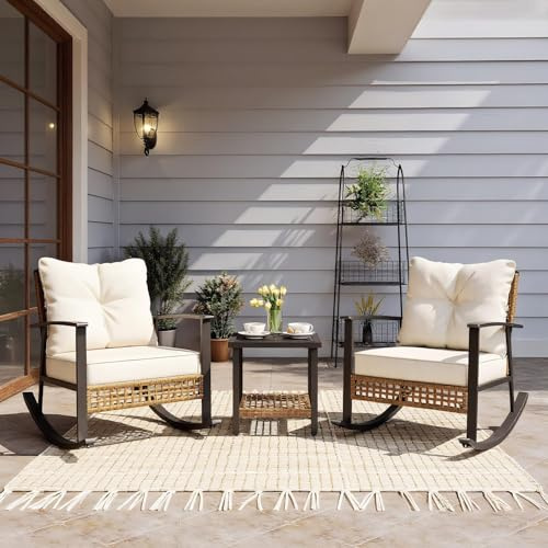LAUSAINT HOME 3-teiliges Schaukel-Bistro-Set, Outdoor-Patio-Möbel mit dicken Polstern und zweistufigem Couchtisch, übergroße Rattan-Sitzgruppe für Garten, Balkon, Hinterhof (Beige)