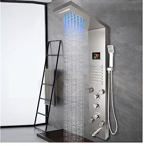 Digitalt duschsystem, Mörkgrå Nickel Borstad Digital Display Duschpanel， Kolumn LED Regn Vattenfall Dusch Spa Jets， Bad Dusch Blandare LED-display duschkontroll(Nickel Brush)