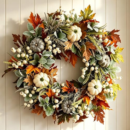 Fall Wreath for Front Door, 40cm Artificial Autumn Wreath with Maple Leaf, Pumpkin, White Artificial Pumpkins Wreath for Autumn Halloween Thanksgiving Garden Farmhouse Festival