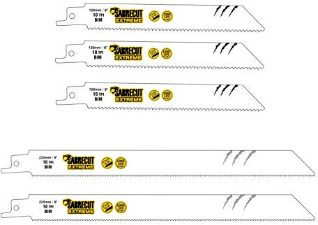 SabreCut 5pcs SCRSK5HF 150mm 225mm 10 TPI Mixed Reciprocating Saw Blades | Durable bi-metal construction provides fast, clean cutting performance in wood, metal and nail-embedded timber
