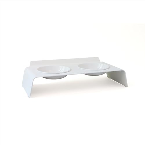 LucyBalu® Dine Erhöhte Futterstation für Katzen I Erhöhter Futternapf ergonomisch I 2er Napfset mit Metallgestell I Fress- & Wassernapf I Weiß | Ergonomischer 2er-Napf, entlastet Katzennacken, herausnehmbare Näpfe, spülmaschinenfest