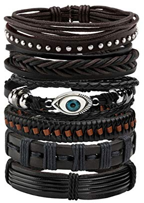 Manfnee 6PCS Geflochtenes Lederarmband für Männer Frauen Holzperlen Manschette Wickelarmband Einstellbar