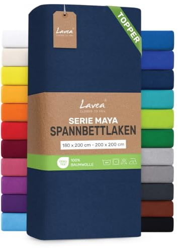Lavea® Topper Spannbettlaken 180x200 cm - 200x200 cm - Galaxyblau | Maya 100% Jersey Baumwolle – Weiches Spannbetttuch Topper bis 10 cm, atmungsaktives Bettlaken, formstabil & pflegeleicht