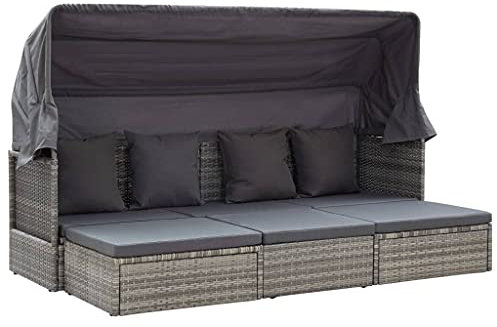 vidaXL Gartenbett mit Dach Sonnenliege Gartenliege mit Sonnenschutz Chaiselongue Sonnenbett mit Klapptisch Outdoor Lounge Grautöne Poly Rattan