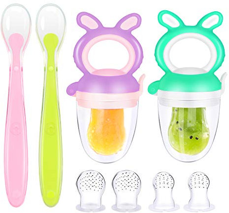 Oladwolf Fruchtsauger, 2 Baby Fruchtsauger + 1 Baby Löffel ab 3 Monate + 6 Obstsauger in 3 Größen Baby Zubehör 0-6 Monate, BPA-frei Schnuller Fruchtsauger für Obst Gemüse Brei Beikost