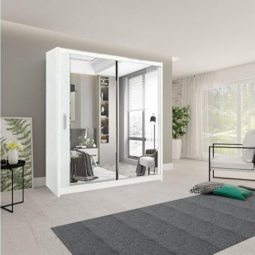 A.C. Milan German Modern Double Mirror sliding door wardrobe with LED Light Width 100cm/120cm/150cm/180cm/203cm/250cm (White, 180 CM)