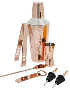 BarCraft 7-teiliges Cocktail Set, Kupfer, in Geschenkbox, Inklusive Cocktail Shaker, Jigger, Zange, Mischlöffel, Flaschenöffner und 2 Flaschenausgießer, Edelstahl