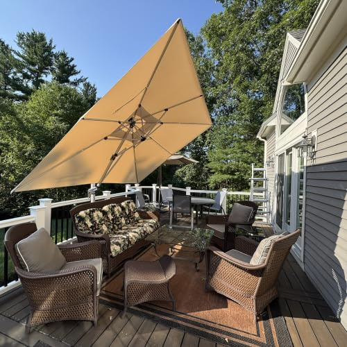 PURPLE LEAF Parasol Déporte 3 x 3,65 m Beige Toit Double Anti-UV et Vent | Rotatif 360°, Disponible en 6 hauteurs, Résistance au vent, Testé pour résister à des vents réguliers jusqu’à 56 km/h, Jardin