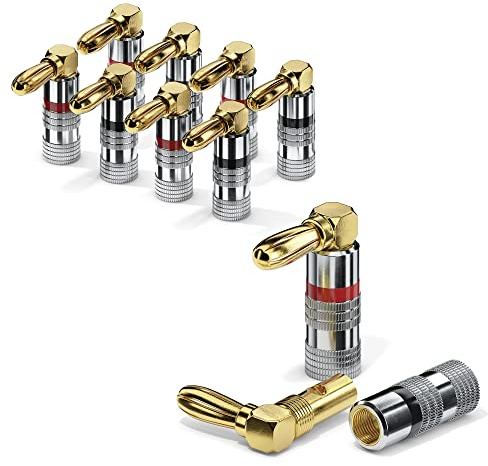 conecto Bananenstecker für Lautsprecherkabel, 8er-Set, 90 degree gewinkelter Stecker, vergoldet mit Farbcodierung (4x rot, 4x schwarz), 24kt vergoldet, rot/schwarz