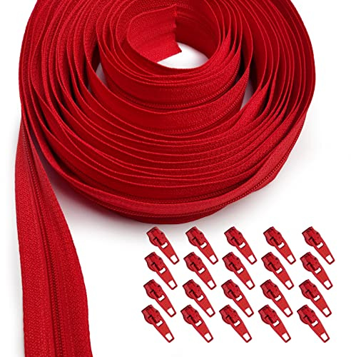 KGS Endlos Reißverschluss Set mit Zipper 3mm 3.7 Meter Inklusive 20 Metall Schieber für Kleidung Tasche Mäppchen Bettwäsche (Rot, #3 (3 mm Spiralbreite))