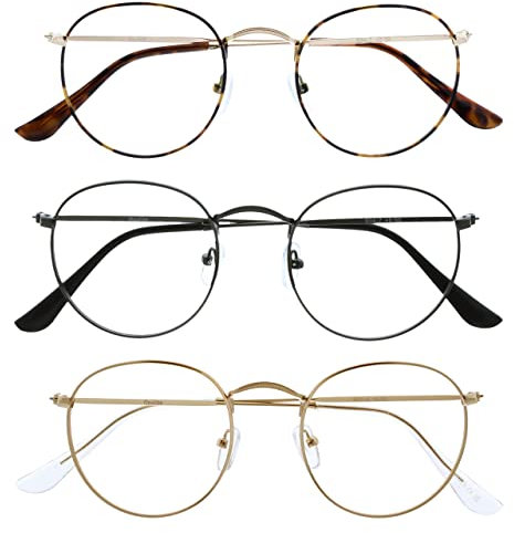 OPULIZE Sol - Lesebrille 3er Pack Blaulichtfilter Runder Metall Retro Rahmen Verbessern Den Schlaf Computer Gaming Entspiegel Braun Metallgrau Herren Gold Damen BBB94-279 +1.50