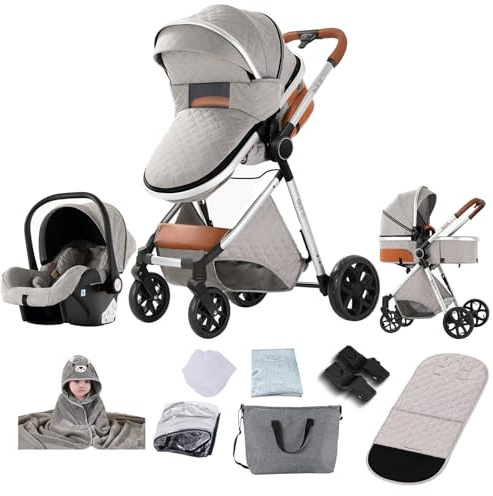 Prokoke Kinderwagen 3 in 1, Kinderwagen Set Einem Klick Faltbar, Kombikinderwagen 3 in 1 mit Umkehrbarem Zwei-Wege-Schub, Buggy Rahmen Aluminiumlegierung Baby Kleinkind Neugeborene (225 Light Grey)