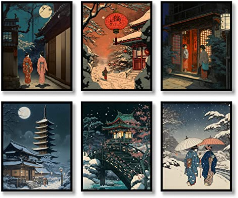 Japanska väggkonsttryck uppsättning av 6 japanska landskap affischer vintage väggdekor Ukiyoe målningar estetisk asiatisk retro bildmontering Fuji foto kanvas konstmålning för vardagsrum sovrum vägg