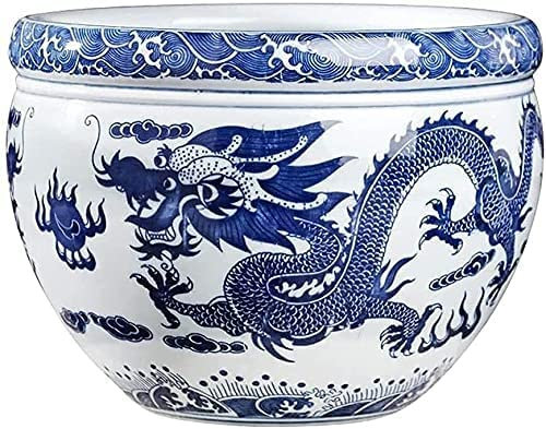 Keramik-Blumentopf, chinesische antike Reproduktion, blaue und weiße Porzellan-Keramik-Fischschale, Blumentopf, handbemalt, antike grüne Pflanzen, Blumentopf, Gartenarbeit im Innen- und Außenbereic