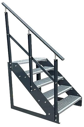 Kaminbau Mierzwa Premium Treppe Freistehend 5 Stufen(Verzinkt) Geländer Links (Breite 600 mm) (Höhe 95cm) Wetterfest Gitterroststufe Gartentreppe