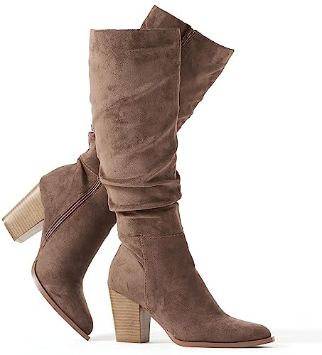 Putu Women's Pointed Toe Knee High Boots Faux Suede Slouch Boots with Chunky Heel Brown Size 8