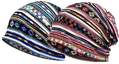 2 stück Hüte mit geometrischem Muster, Winddichter Turban mit doppeltem Verwendungszweck, Damen Wickeln ihre Hüte EIN, Lockere Kopfbedeckung im Ethno-Stil, Mütze aus elastischer Baumwolle